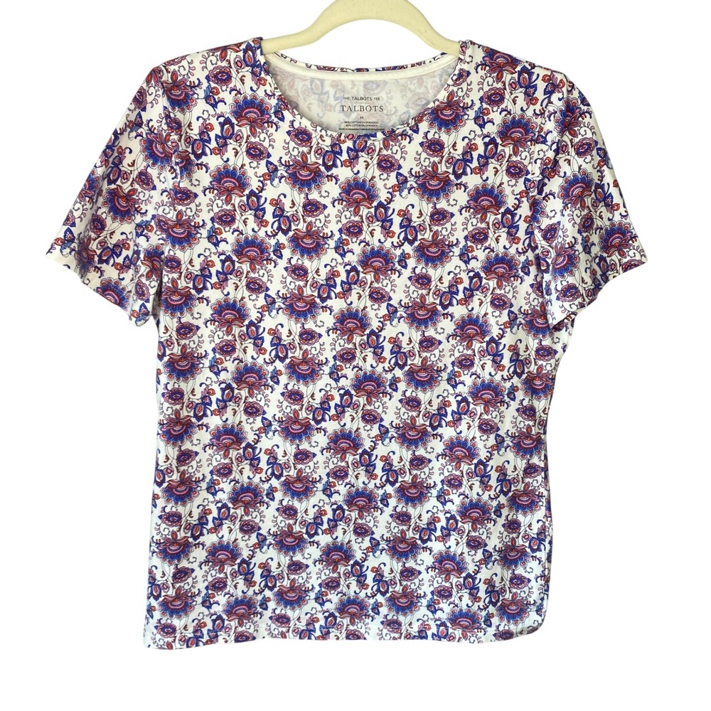 Talbots Tee Womens Medium White Blue Pink Floral Paisley Short Sleeve Crew Neck